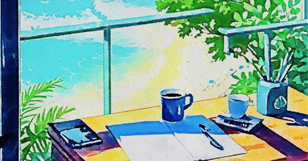 夏の光が差し込む机でノートを開き勉強する様子を描いた水彩風イラスト