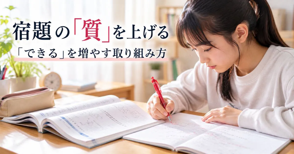 問題集とノートを広げ、赤ペンで丸付けと間違い直しをする中学生