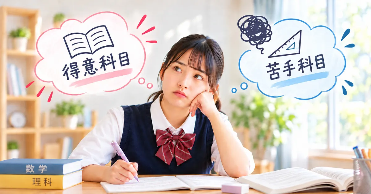得意科目と苦手科目のどちらを勉強するか悩む女子中学生のイメージ