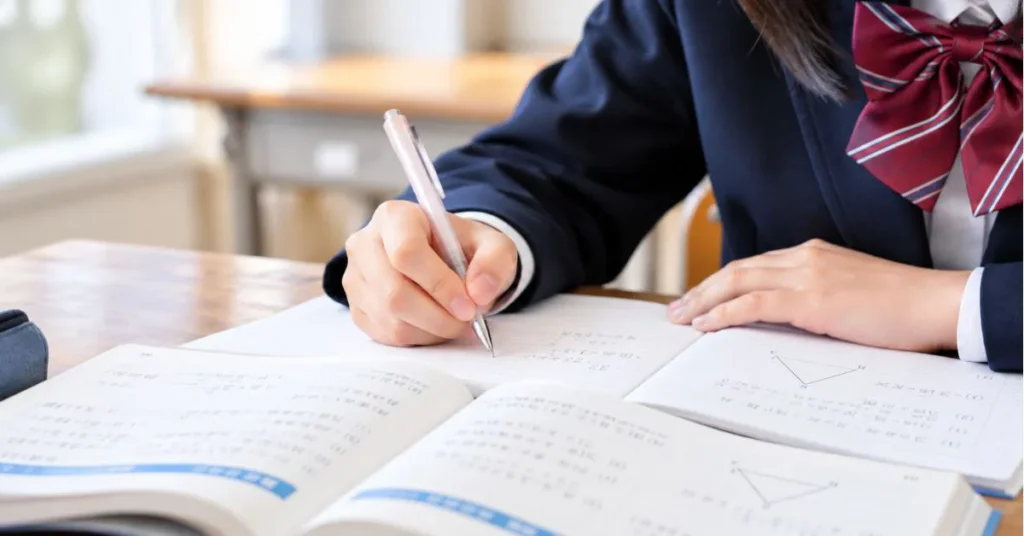 数学の問題集とノートを使って後期中間テストの勉強に取り組む中学生