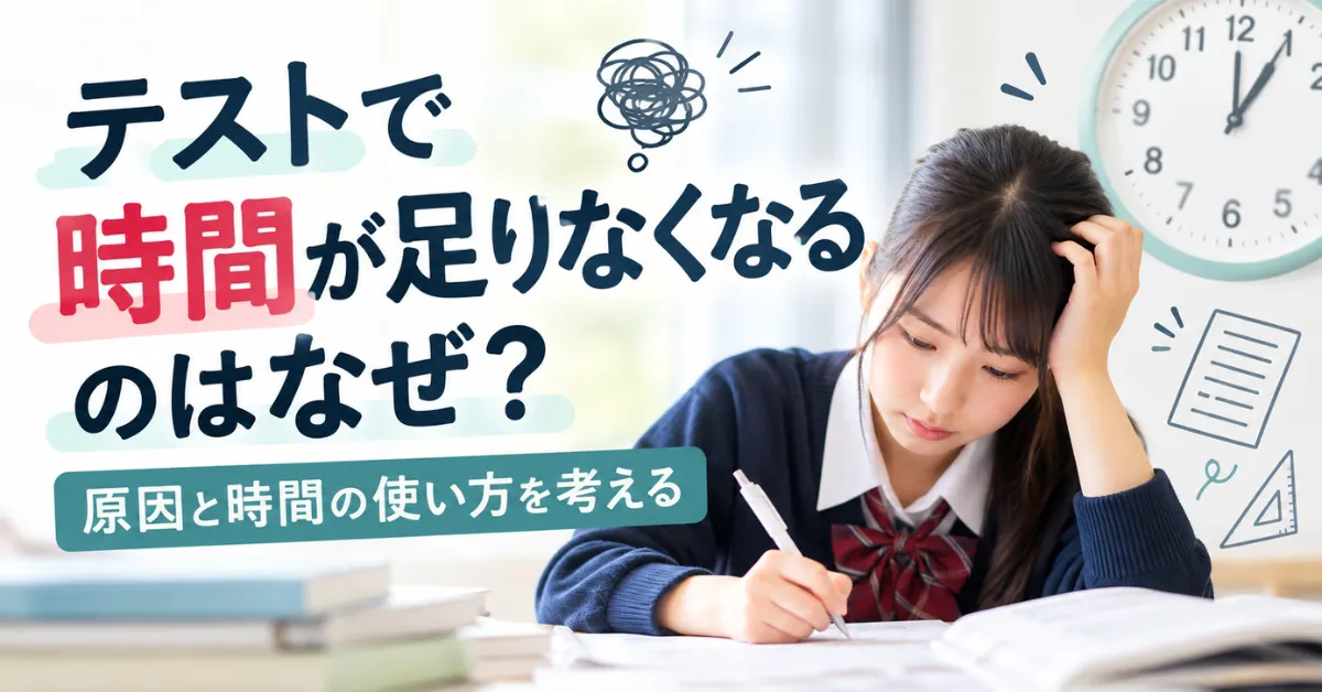 テストで時間が足りなくなる原因と時間の使い方を紹介するアイキャッチ画像。時計を背景に、問題を解きながら悩む女子生徒。